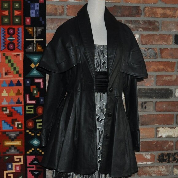 New Vintage 90s ADA Tailored Black Leather Jacket  Inverness Cape Dress Coat 7 M - Picture 8 of 13